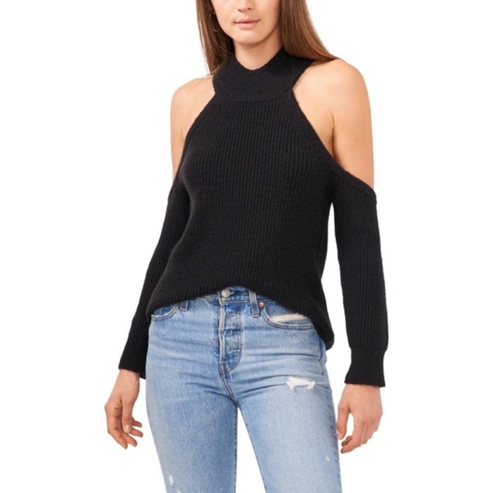 NWT 1. State Revolve Cold Shoulder Knit Sweater in Rich Black, Size Medium